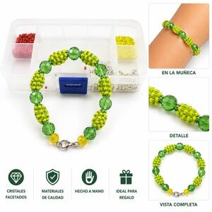 Handmade Beaded Bracelet Green Yellow Faceted Crystal Glass Woven Seed Beads